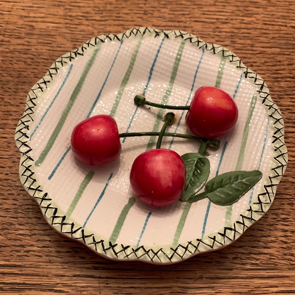 Cute ceramic red cherries w metal stems on white 6” plate w green stripes decor
